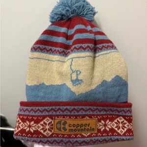 Red and Blue Knit Pom-Pom Beanie